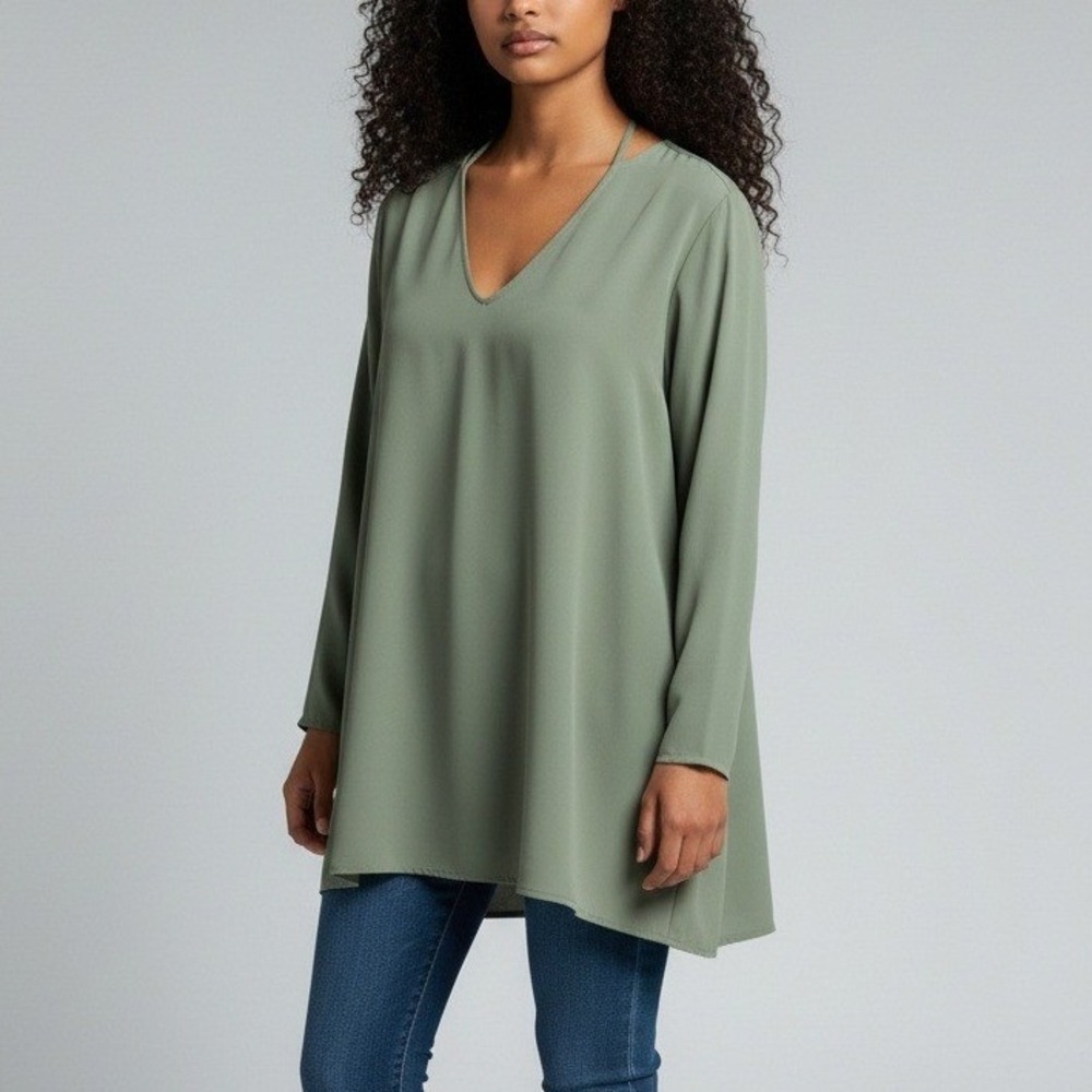 Won Hundred Irma 2 Sage Green V-Neck Tunic Dress Long Sleeve Open Back Size 36